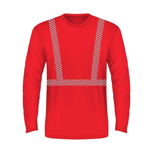 BAYSIDE® MADE IN USA Hi-Vis 100% Cotton Long Sleeves Crew Segmented Striping - 3705 - Red - Safety Vests and More