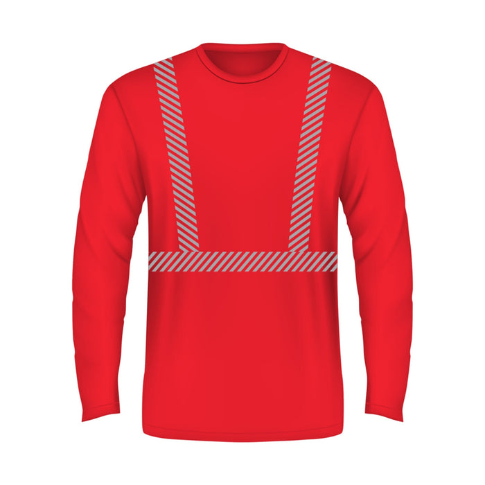 BAYSIDE® MADE IN USA Hi-Vis 100% Cotton Long Sleeves Crew Segmented Striping - 3705 - Red - Safety Vests and More