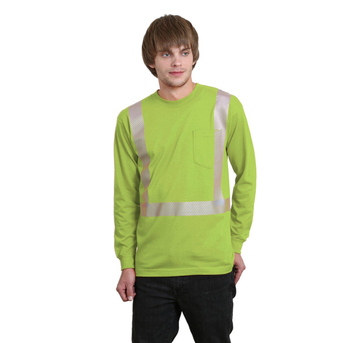 BAYSIDE® MADE IN USA Hi-Vis 50/50 Long Sleeve Pocket Crew Segmented Striping - 3709 - Safety Vests and More