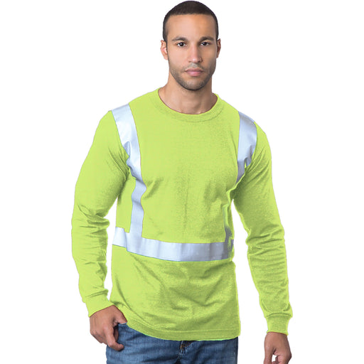 BAYSIDE® MADE IN USA Hi-Vis 50/50 Long Sleeves Crew Solid Striping - 3762 - Safety Vests and More