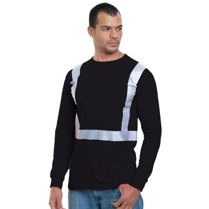 BAYSIDE® MADE IN USA Hi-Vis 100% Cotton Long Sleeve Pocket Crew Solid Striping - Black - 3781 - Safety Vests and More