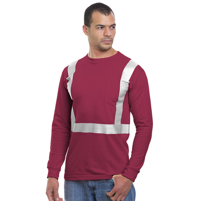 BAYSIDE® MADE IN USA Hi-Vis 100% Cotton Long Sleeve Pocket Crew Solid Striping - Burgundy - 3781 - Safety Vests and More