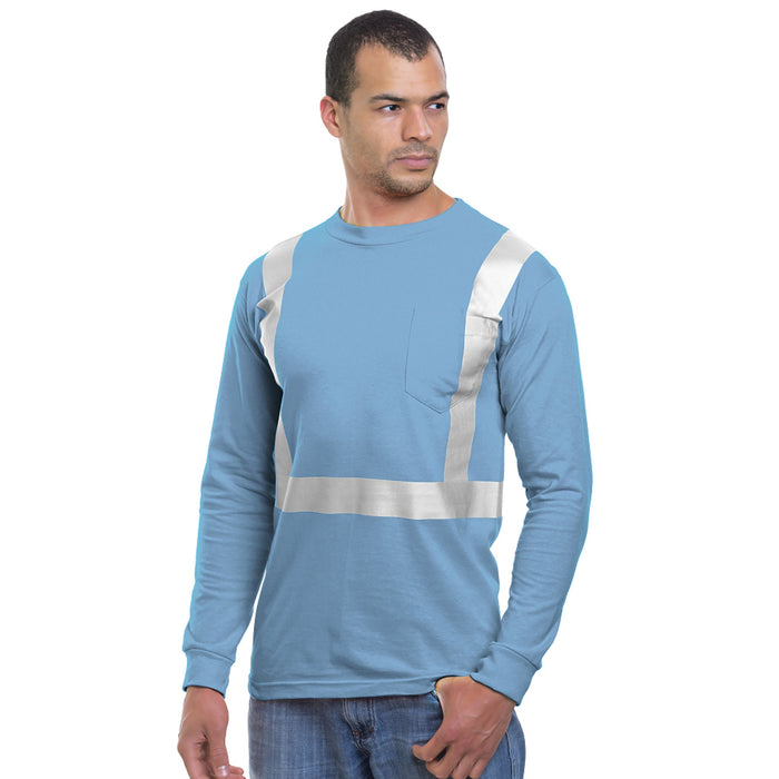 BAYSIDE® MADE IN USA Hi-Vis 100% Cotton Long Sleeve Pocket Crew Solid Striping - Carolina Blue - 3781 - Safety Vests and More