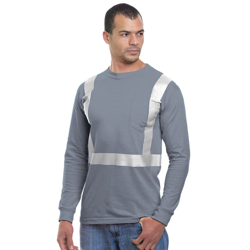 BAYSIDE® MADE IN USA Hi-Vis 100% Cotton Long Sleeve Pocket Crew Solid Striping - Charcoal - 3781 - Safety Vests and More