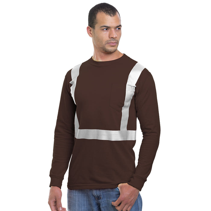 BAYSIDE® MADE IN USA Hi-Vis 100% Cotton Long Sleeve Pocket Crew Solid Striping - Chocolate - 3781 - Safety Vests and More