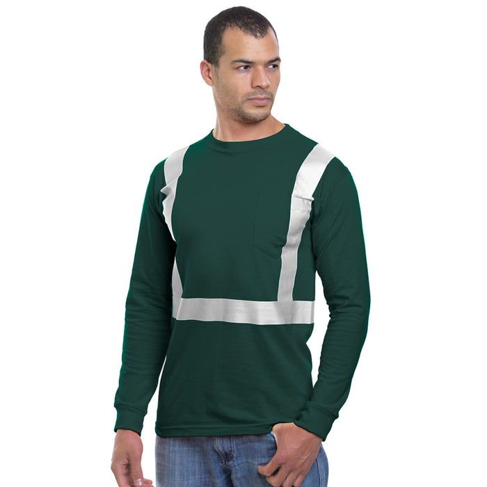 BAYSIDE® MADE IN USA Hi-Vis 100% Cotton Long Sleeve Pocket Crew Solid Striping - Forest Green - 3781 - Safety Vests and More