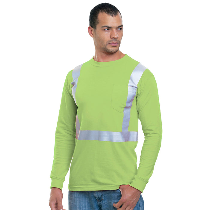 BAYSIDE® MADE IN USA Hi-Vis 100% Cotton Long Sleeve Pocket Crew Solid Striping - Lime Green - 3781 - Safety Vests and More