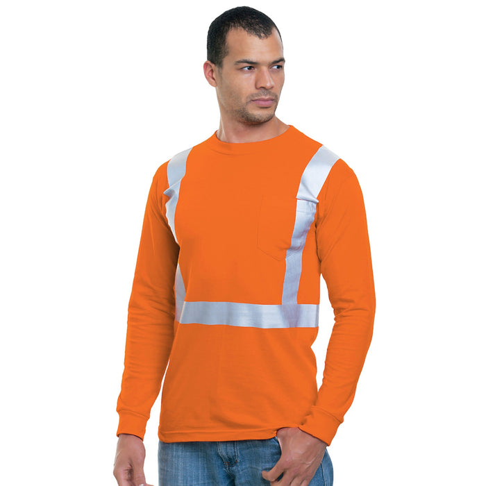 BAYSIDE® MADE IN USA Hi-Vis 100% Cotton Long Sleeve Pocket Crew Solid Striping - Orange - 3781 - Safety Vests and More