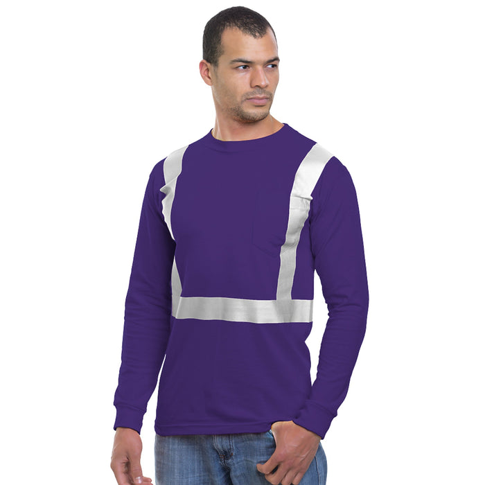 BAYSIDE® MADE IN USA Hi-Vis 100% Cotton Long Sleeve Pocket Crew Solid Striping - Purple - 3781 - Safety Vests and More
