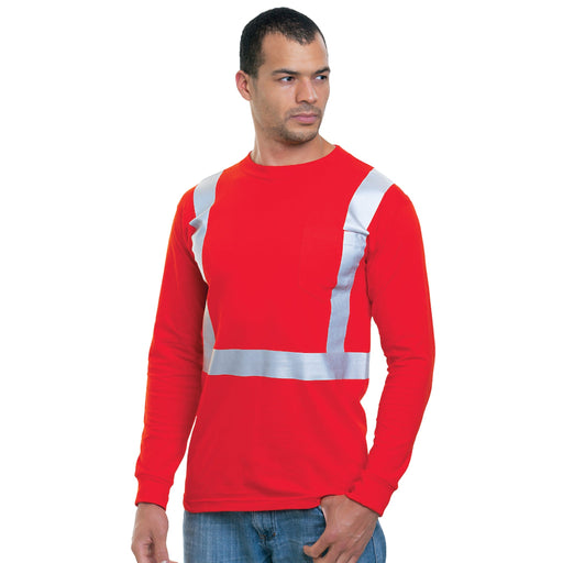 BAYSIDE® MADE IN USA Hi-Vis 100% Cotton Long Sleeve Pocket Crew Solid Striping - Red - 3781 - Safety Vests and More