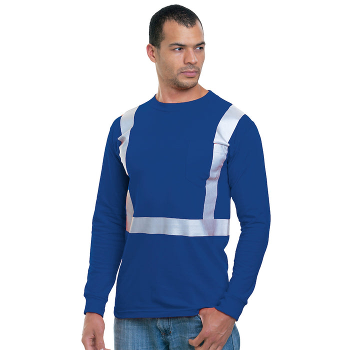 BAYSIDE® MADE IN USA Hi-Vis 100% Cotton Long Sleeve Pocket Crew Solid Striping - Royal Blue - 3781 - Safety Vests and More