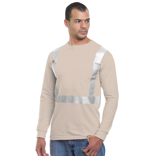 BAYSIDE® MADE IN USA Hi-Vis 100% Cotton Long Sleeve Pocket Crew Solid Striping - Sand - 3781 - Safety Vests and More