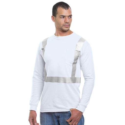 BAYSIDE® MADE IN USA Hi-Vis 100% Cotton Long Sleeve Pocket Crew Solid Striping - White - 3781 - Safety Vests and More