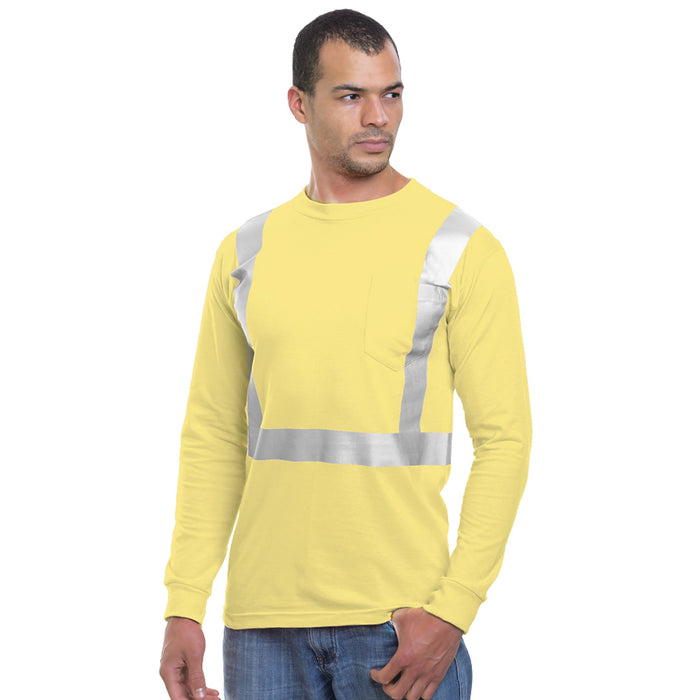 BAYSIDE® MADE IN USA Hi-Vis 100% Cotton Long Sleeve Pocket Crew Solid Striping - Yellow - 3781 - Safety Vests and More