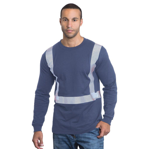BAYSIDE® MADE IN USA Hi-Vis 100% Cotton Long Sleeves Crew Segmented Striping - 3705 - Bohemmian Blue - Safety Vests and More