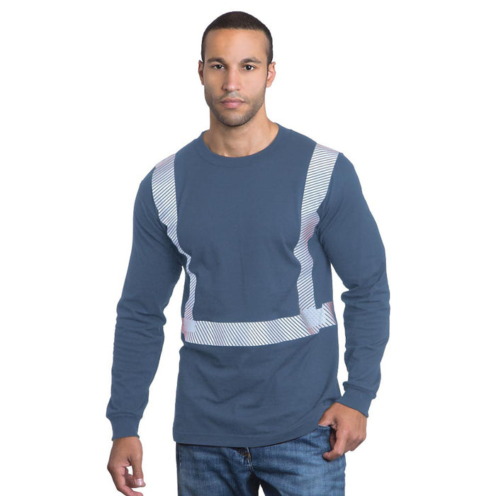 BAYSIDE® MADE IN USA Hi-Vis 100% Cotton Long Sleeves Crew Segmented Striping - 3705 - Denim - Safety Vests and More