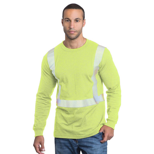 BAYSIDE® MADE IN USA Hi-Vis 100% Cotton Long Sleeves Crew Segmented Striping - 3705 - Lime Green - Safety Vests and More