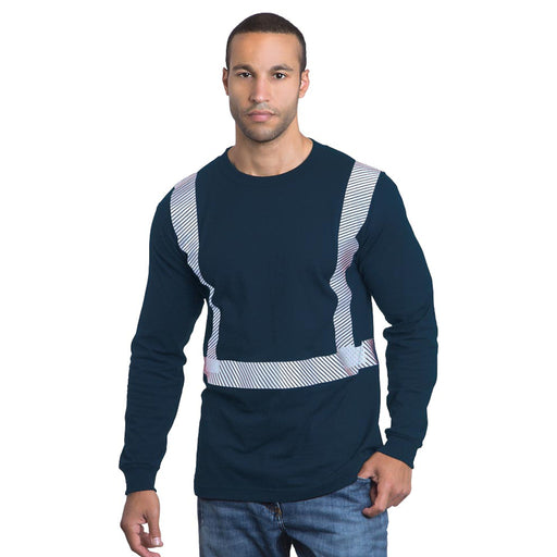 BAYSIDE® MADE IN USA Hi-Vis 100% Cotton Long Sleeves Crew Segmented Striping - 3705 - Navy - Safety Vests and More