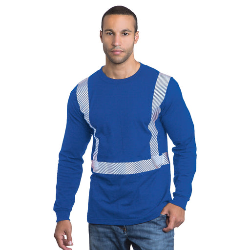 BAYSIDE® MADE IN USA Hi-Vis 100% Cotton Long Sleeves Crew Segmented Striping - 3705 - Royal Blue - Safety Vests and More