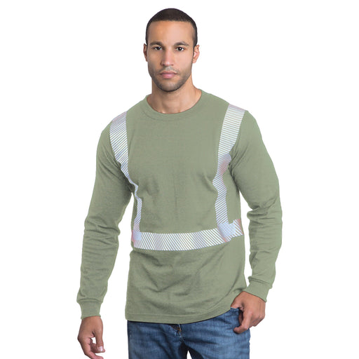 BAYSIDE® MADE IN USA Hi-Vis 100% Cotton Long Sleeves Crew Segmented Striping - 3705 - Safari - Safety Vests and More