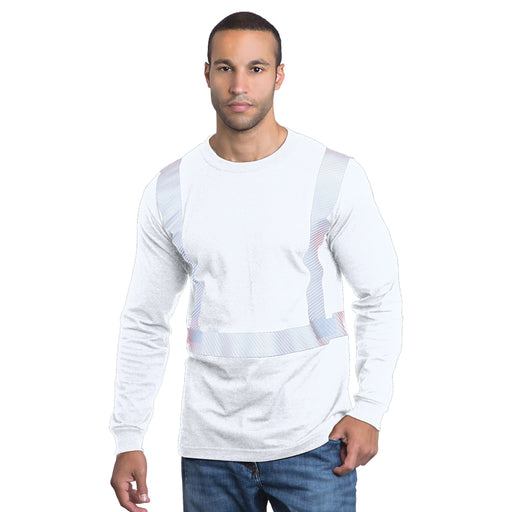 BAYSIDE® MADE IN USA Hi-Vis 100% Cotton Long Sleeves Crew Segmented Striping - 3705 - White - Safety Vests and More