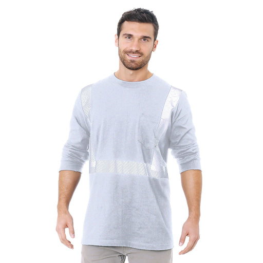 BAYSIDE® MADE IN USA Hi-Vis 100% Cotton Long Sleeves Pocket Crew Segmented Striping - ASH - 3712 - Safety Vests and More