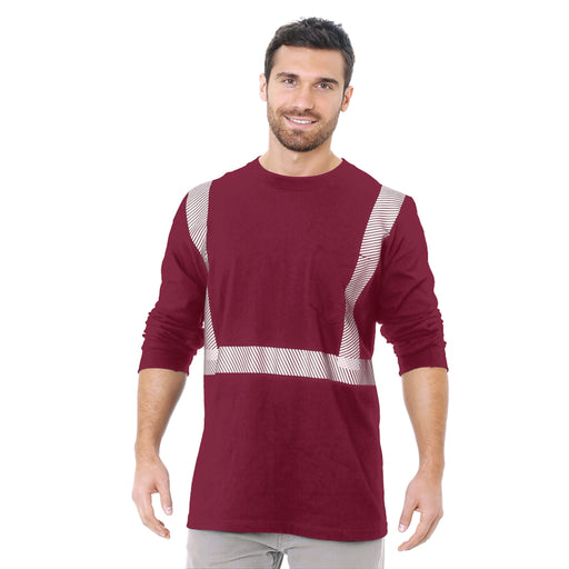 BAYSIDE® MADE IN USA Hi-Vis 100% Cotton Long Sleeves Pocket Crew Segmented Striping - Burgundy - 3712 - Safety Vests and More