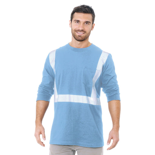 BAYSIDE® MADE IN USA Hi-Vis 100% Cotton Long Sleeves Pocket Crew Segmented Striping - Caroline Blue - 3712 - Safety Vests and More