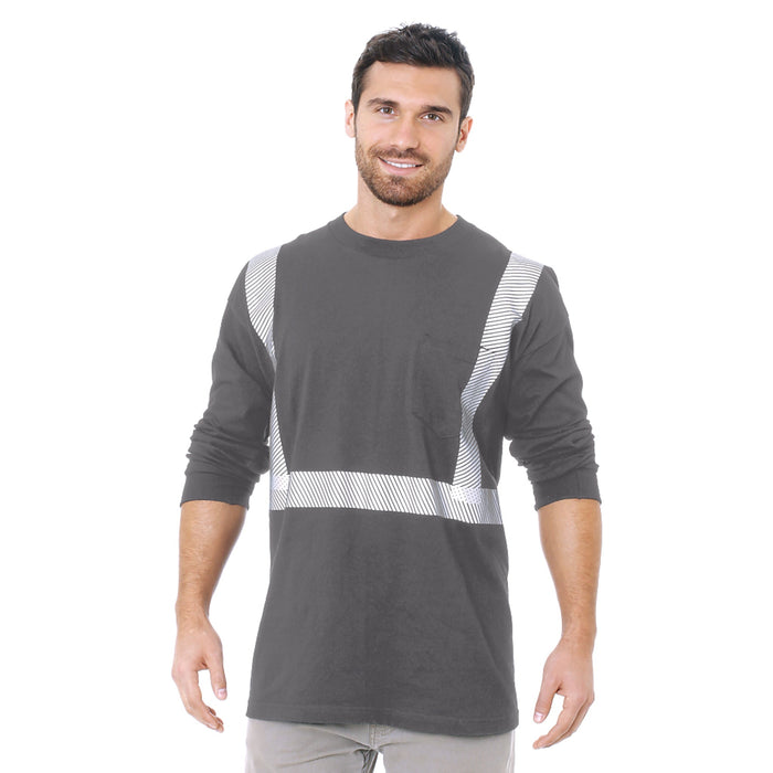 BAYSIDE® MADE IN USA Hi-Vis 100% Cotton Long Sleeves Pocket Crew Segmented Striping - Charcoal - 3712 - Safety Vests and More