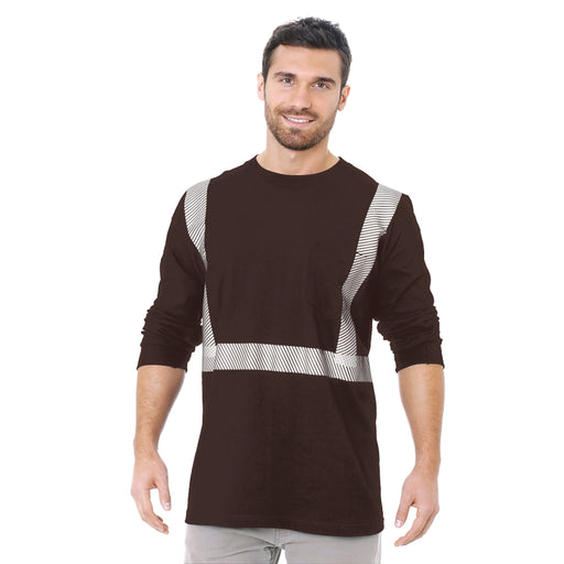 BAYSIDE® MADE IN USA Hi-Vis 100% Cotton Long Sleeves Pocket Crew Segmented Striping - Chocolate - 3712 - Safety Vests and More