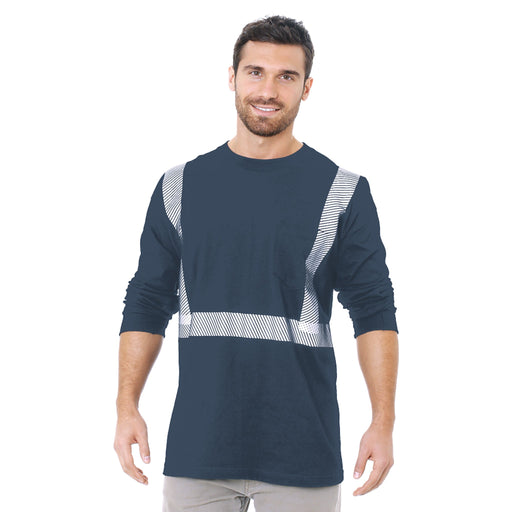 BAYSIDE® MADE IN USA Hi-Vis 100% Cotton Long Sleeves Pocket Crew Segmented Striping - Denim - 3712 - Safety Vests and More