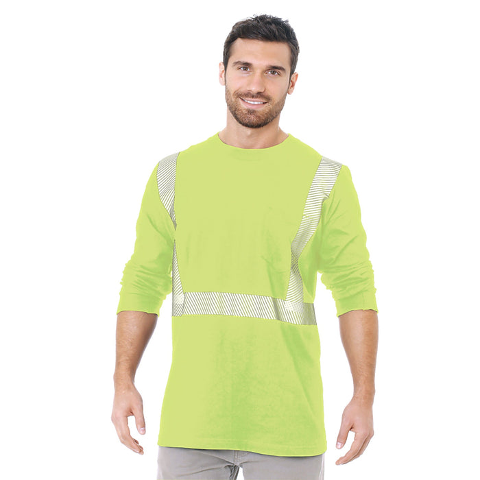 BAYSIDE® MADE IN USA Hi-Vis 100% Cotton Long Sleeves Pocket Crew Segmented Striping - Lime Green - 3712 - Safety Vests and More