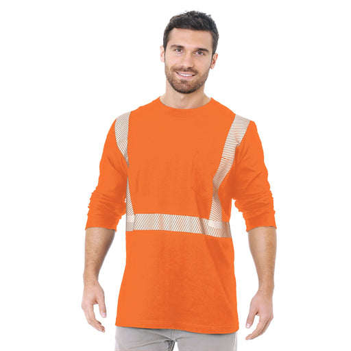 BAYSIDE® MADE IN USA Hi-Vis 100% Cotton Long Sleeves Pocket Crew Segmented Striping - Orange - 3712 - Safety Vests and More