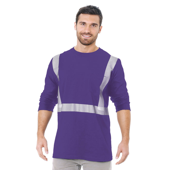 BAYSIDE® MADE IN USA Hi-Vis 100% Cotton Long Sleeves Pocket Crew Segmented Striping - Purple - 3712 - Safety Vests and More