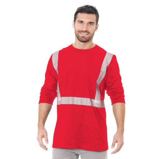 BAYSIDE® MADE IN USA Hi-Vis 100% Cotton Long Sleeves Pocket Crew Segmented Striping - Red - 3712 - Safety Vests and More