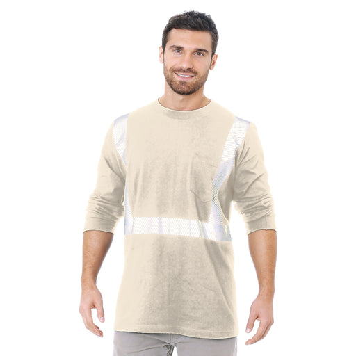 BAYSIDE® MADE IN USA Hi-Vis 100% Cotton Long Sleeves Pocket Crew Segmented Striping - Sand - 3712 - Safety Vests and More