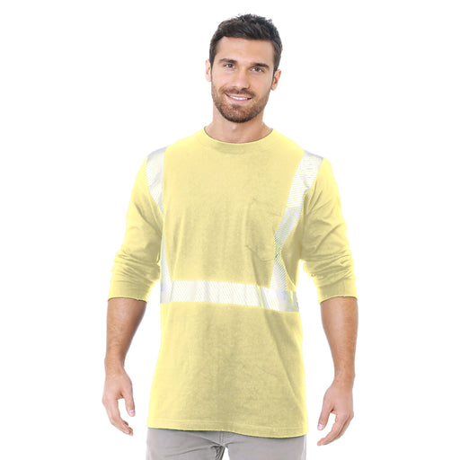 BAYSIDE® MADE IN USA Hi-Vis 100% Cotton Long Sleeves Pocket Crew Segmented Striping - Yellow - 3712 - Safety Vests and More