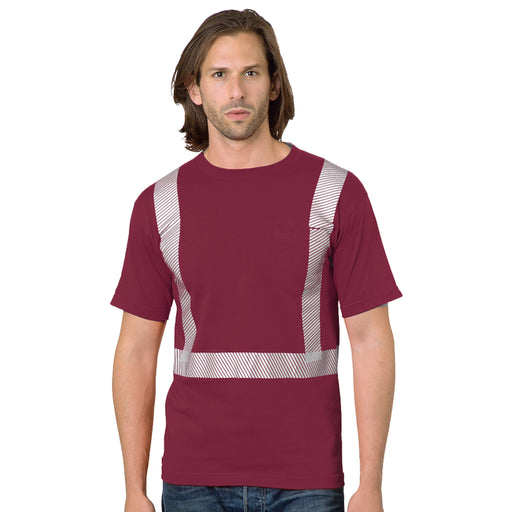 BAYSIDE® MADE IN USA Hi-Vis 100% Cotton Pocket Crew Segmented Striping - Burgundy - 3710 - Safety Vests and More