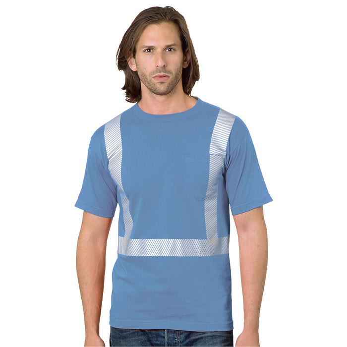 BAYSIDE® MADE IN USA Hi-Vis 100% Cotton Pocket Crew Segmented Striping - Carolina Blue - 3710 - Safety Vests and More