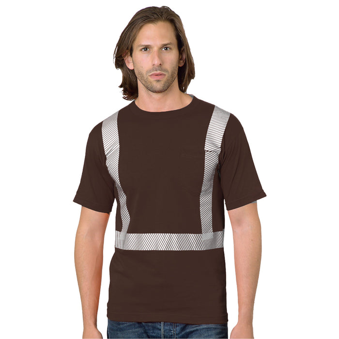 BAYSIDE® MADE IN USA Hi-Vis 100% Cotton Pocket Crew Segmented Striping - Chocolate - 3710 - Safety Vests and More