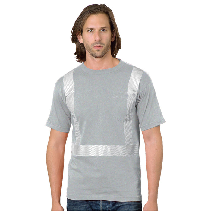 BAYSIDE® MADE IN USA Hi-Vis 100% Cotton Pocket Crew Segmented Striping - Dark Ash - 3710 - Safety Vests and More