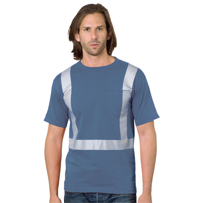 BAYSIDE® MADE IN USA Hi-Vis 100% Cotton Pocket Crew Segmented Striping - Denim - 3710 - Safety Vests and More