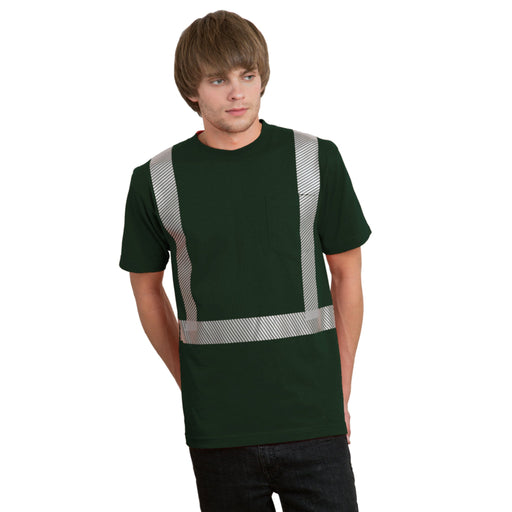 BAYSIDE® MADE IN USA Hi-Vis 100% Cotton Pocket Crew Segmented Striping - Forest Green - 3710 - Safety Vests and More