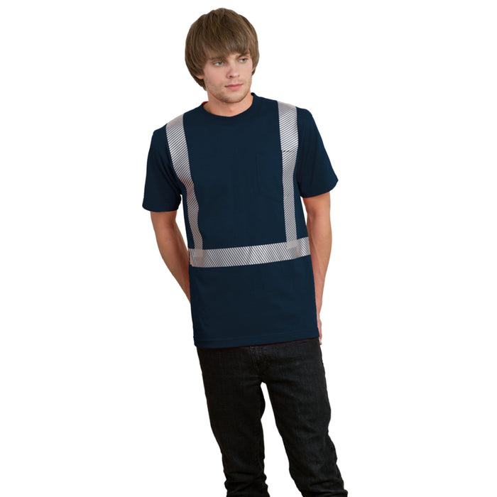 BAYSIDE® MADE IN USA Hi-Vis 100% Cotton Pocket Crew Segmented Striping - Navy - 3710 - Safety Vests and More