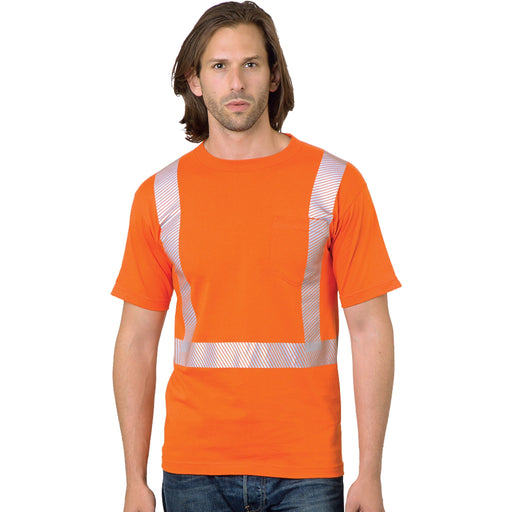 BAYSIDE® MADE IN USA Hi-Vis 100% Cotton Pocket Crew Segmented Striping - Orange - 3710 - Safety Vests and More