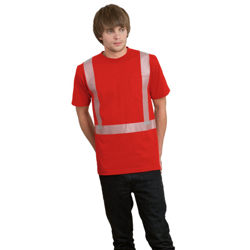 BAYSIDE® MADE IN USA Hi-Vis 100% Cotton Pocket Crew Segmented Striping - Red - 3710 - Safety Vests and More