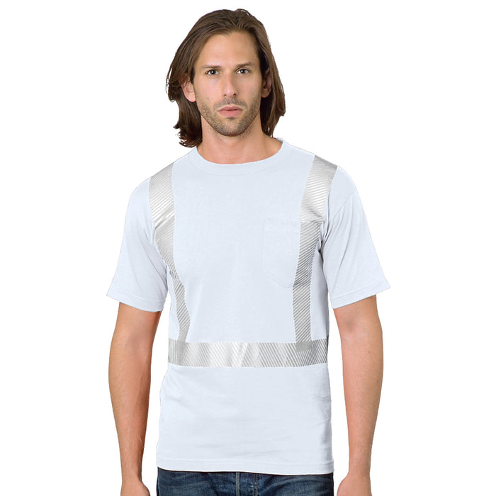 BAYSIDE® MADE IN USA Hi-Vis 100% Cotton Pocket Crew Segmented Striping - White - 3710 - Safety Vests and More