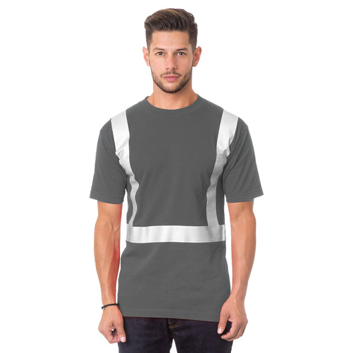 BAYSIDE® MADE IN USA Hi-Vis 100% Cotton Pocket Crew Solid Striping - Charcoal - 3771 - Safety Vests and More