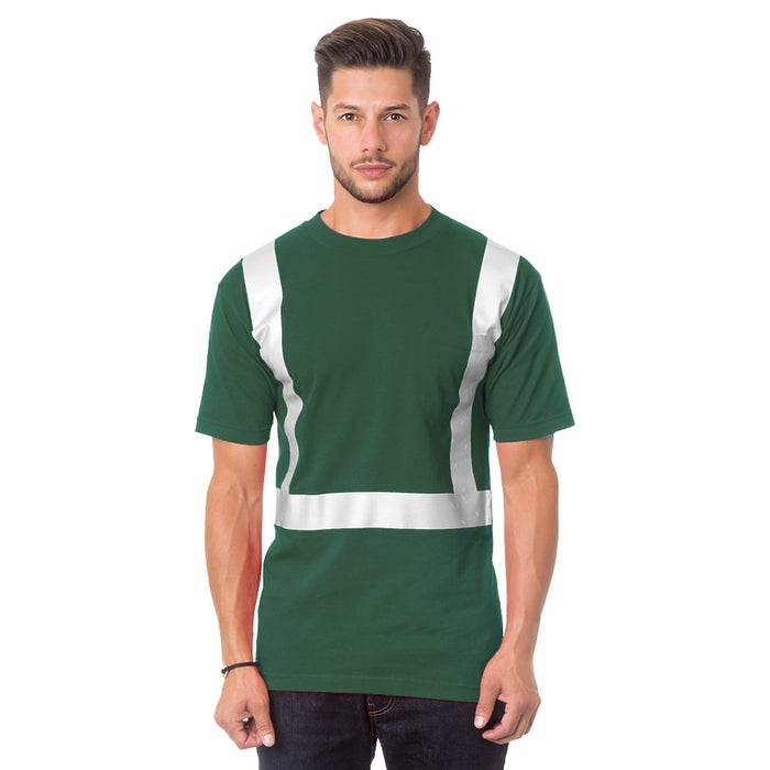 BAYSIDE® MADE IN USA Hi-Vis 100% Cotton Pocket Crew Solid Striping - Forest Green - 3771 - Safety Vests and More