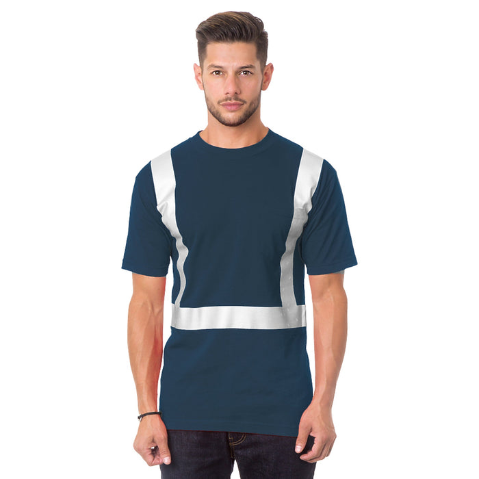 BAYSIDE® MADE IN USA Hi-Vis 100% Cotton Pocket Crew Solid Striping - Navy - 3771 - Safety Vests and More